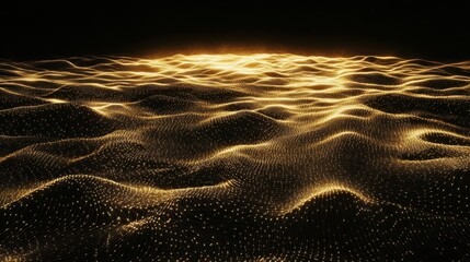 A golden abstract digital network of flowing glowing particles forming wavy patterns on a dark background