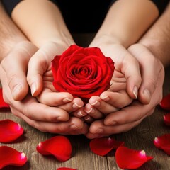 A couple's hands gently cradling a single red rose, symbolizing deep love and affection