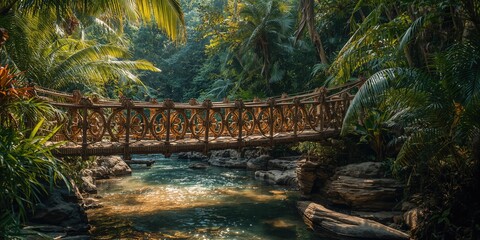 Tropical park forest with a wooden rope bridge crossing water, summer outdoor activity, nature preservation