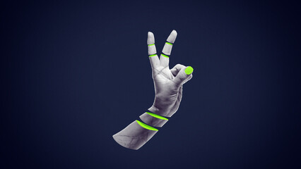 Digital artwork of human hand making victory gesture with neon green accents. Concept of success signaling, UX feedback, startup milestones, branding visuals, and modern communication design.