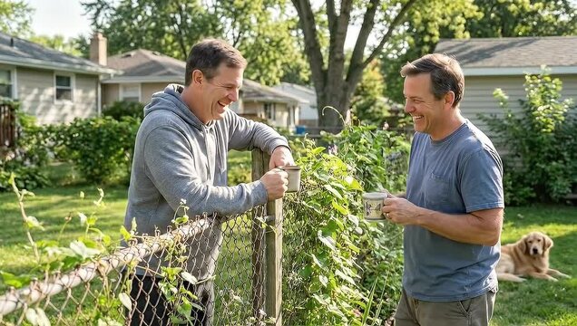 Side View of Two Caucasian Men Chatting over Fence drinking Coffee representing Suburban Community