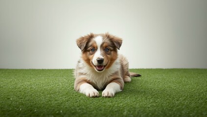 Two Australian shepherds lounging on synthetic grass, ideal for pet activity zones