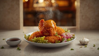Crispy fried chicken coated with spices and served with mustard sauce, highlighting culinary techniques
