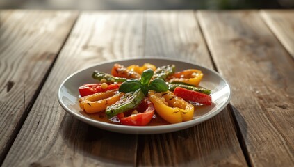 Plate of sliced grilled bell peppers used as a colorful side dish, highlighting food preparation and presentation