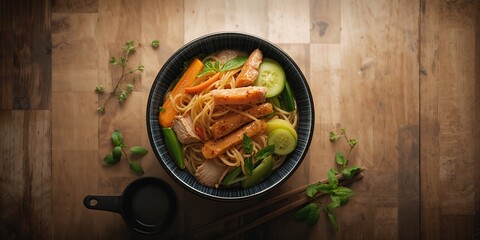 Udon noodles combined with meat and vegetables, focusing on balanced nutrition, in a food preparation scene, for World Nutrition Day