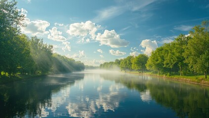 Obraz premium Waterway scene with a sky cover, suitable for editorial header backgrounds
