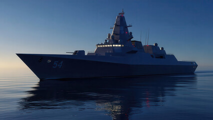 Obraz premium Advanced naval destroyer cruising through calm waters at dusk