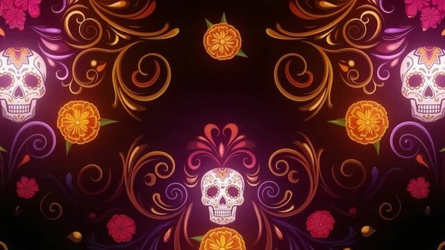 Colorful skull pattern with floral designs on dark background  