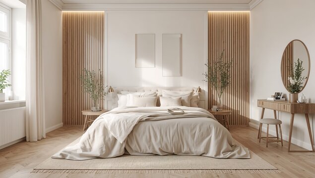 Large bedroom with a double bed, vanity table, and mirrors in a Scandinavian rustic setting, interior decor