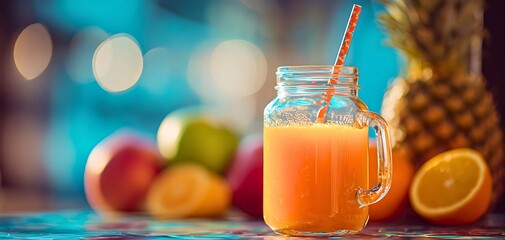 Fresh orange juice served in glass jar with straw on colorful background creating refreshing summer beverage lifestyle scene