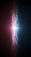 Abstract quantum background showing the duality of energy and matter, merging glowing waves with distinct geometric particles, energy, design, flux