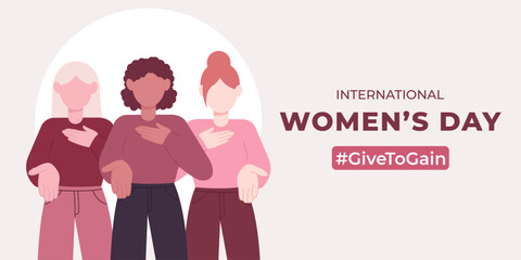 International Women’s Day banner. Give To Gain 2026 campaign. Illustration with diverse women.