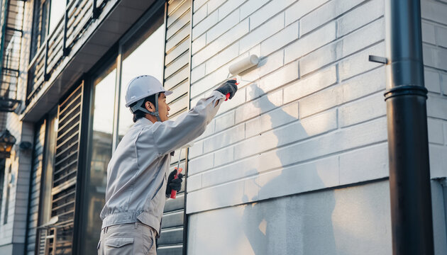 住宅の外壁をローラーで塗装する職人