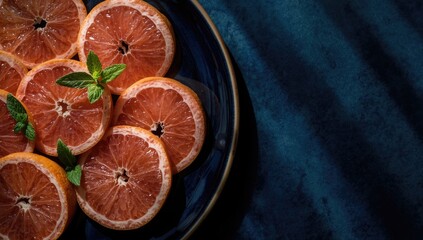 Pink grapefruit segments served on a dark blue ceramic dish for a nutritious snack, fruit presentation