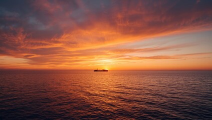 Obraz premium Sea view with clouds and a far-off cargo ship during evening, highlighting shipping and logistics safety