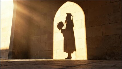 Cinematic silhouette shadow of graduate student in cap and gown holding diploma standing in stone archway during golden hour with sunlight beams and floating dust.