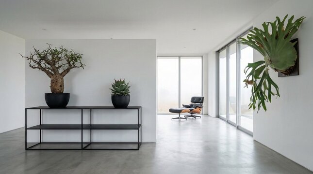 洗練されたミニマリストの部屋：希少な大型塊根植物（パキプス）とアガベがオブジェのように飾られたリビング