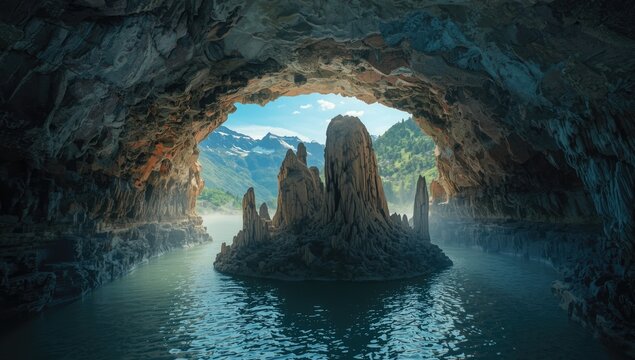 Vadu Crisului underground chamber revealing views of Padurea Craiului mountains, geological features for scientific study
