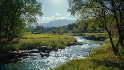 Obraz premium City river scene with bridges and buildings, highlighting urban infrastructure for layout use, urban density,