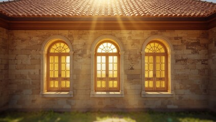 Old wooden church featuring four arched windows with yellow stained glass, emphasizing heritage preservation.
