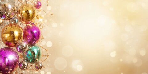 Colorful shiny disco balls on a background, creating a vibrant party atmosphere for celebration events