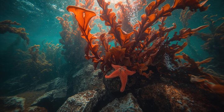 Starfish on the ocean floor among large kelp in Pacific coastal kelp forests, marine biodiversity