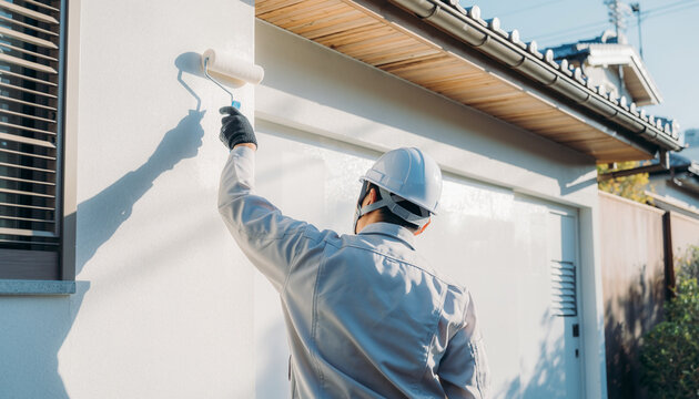 住宅の外壁をローラーで塗装する職人