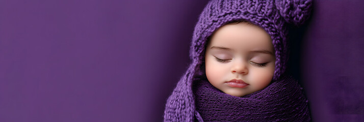 peaceful image of a newborn baby sleeping soundly - swaddled in a soft blanket wide banner - purple background
