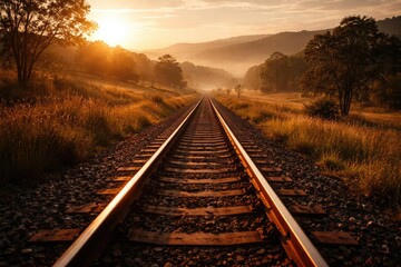 Fototapeta premium Golden early light over quiet railway tracks and rolling natural terrain