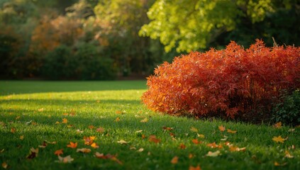 Autumn leaves blanketing a lush green turf, illustrating seasonal transition