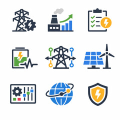 Energy icons set: power plant, solar, wind turbine, battery, data, shield