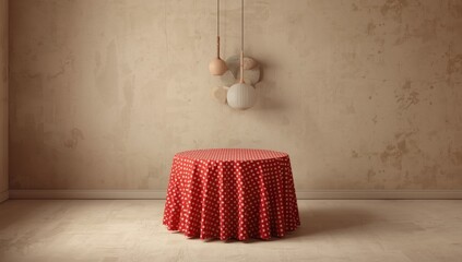 Red polka dot fabric draped over a table serving as a backdrop for product arrangement, ideal for editorial layouts.