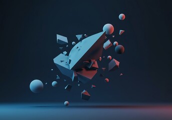 Conceptual graphic representing spatial relocation and dynamic shift. Fragmented geometric shapes moving through virtual space, geometric, scatter, displacement