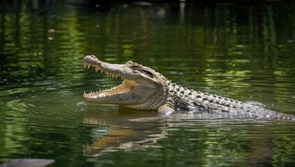 Fototapeta premium Crocodile performance at a wildlife park focusing on animal training, Kanchanaburi Thailand