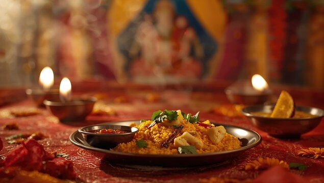 Bengali Bhog presented on a plate during Durga Puja celebration, religious ritual food