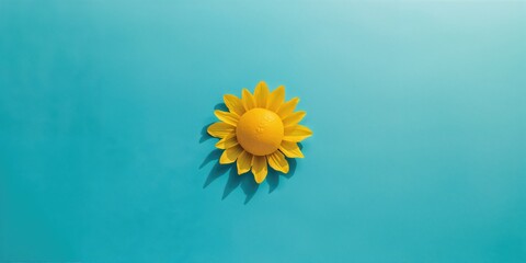 Bright blue backdrop featuring a sun crafted from lemon slices and yellow flower petals, ideal for summer fruit motifs