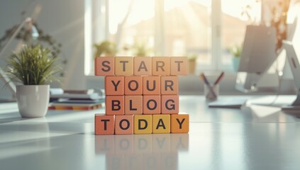 Set of wooden letter blocks with Start Your Blog Today message, used to promote digital writing and blogging, educational workshop, World Bloggers Day