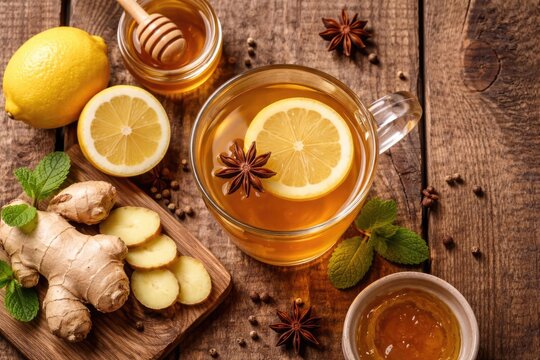 Warm ginger tea with honey and lemon in glass cup on textured wooden boards natural flu remedy overhead - Powered by Adobe