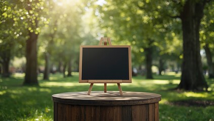 Food stall podium with chalkboard and easel in a green park, used for menu presentation during seasonal outdoor events