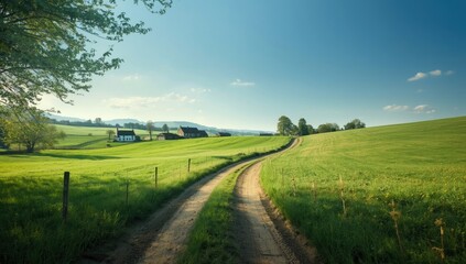 Country lane with a distant village, highlighting rural development and accessibility challenges