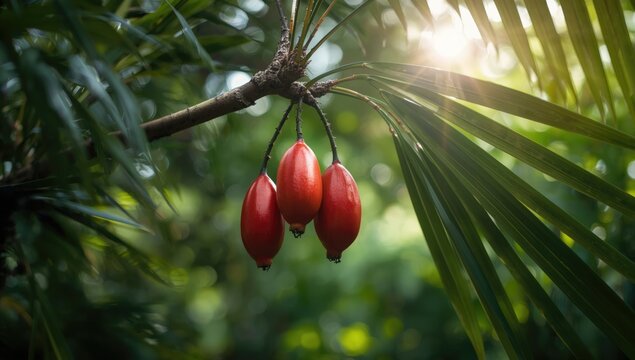 Red ripe screwpine fruits on a branch, illustrating fruit ripening and natural growth stages