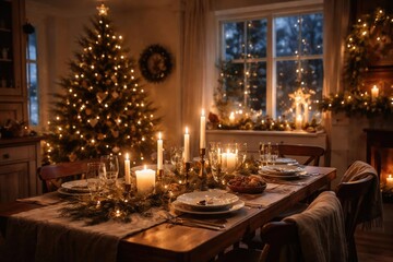 Holiday decorations in a Scandinavian style home featuring candlelit table and decorated Christmas pine