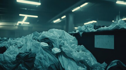 A large pile of discarded plastic waste and other materials accumulated inside a dimly lit facility with overhead lighting