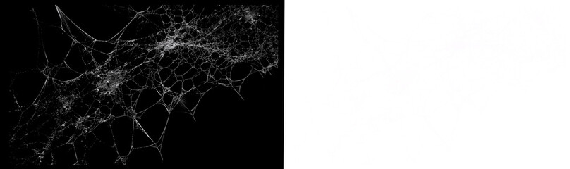 Wide-angle view of a complex, interconnected spider web system rendered in black. Realistic dark cobweb structures perfect for spooky backgrounds, scary overlays, and atmospheric nature-themed designs