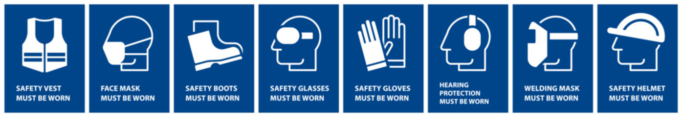 Mandatory sign set, Protective workwear icons, Safety work equipment and protective clothing, Construction safety labels