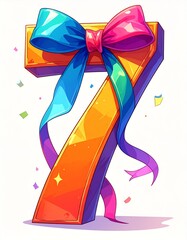 Number 7 wrapped with a festive ribbon on a white background. Image for birthday or anniversary party