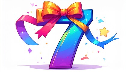 Number 7 wrapped with a festive ribbon on a white background. Image for birthday or anniversary party