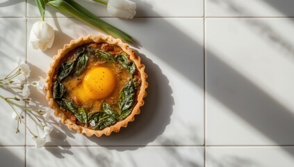 Spring-themed Easter dessert featuring spinach and tulip garnishes on a white tiled surface, table setting for celebration