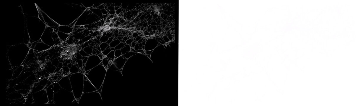 Wide-angle view of a complex, interconnected spider web system rendered in black. Realistic dark cobweb structures perfect for spooky backgrounds, scary overlays, and atmospheric nature-themed designs
