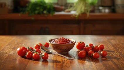 Turkish-style tomato paste served in a bowl alongside fresh tomatoes on rustic wooden surface, highlighting traditional cooking
